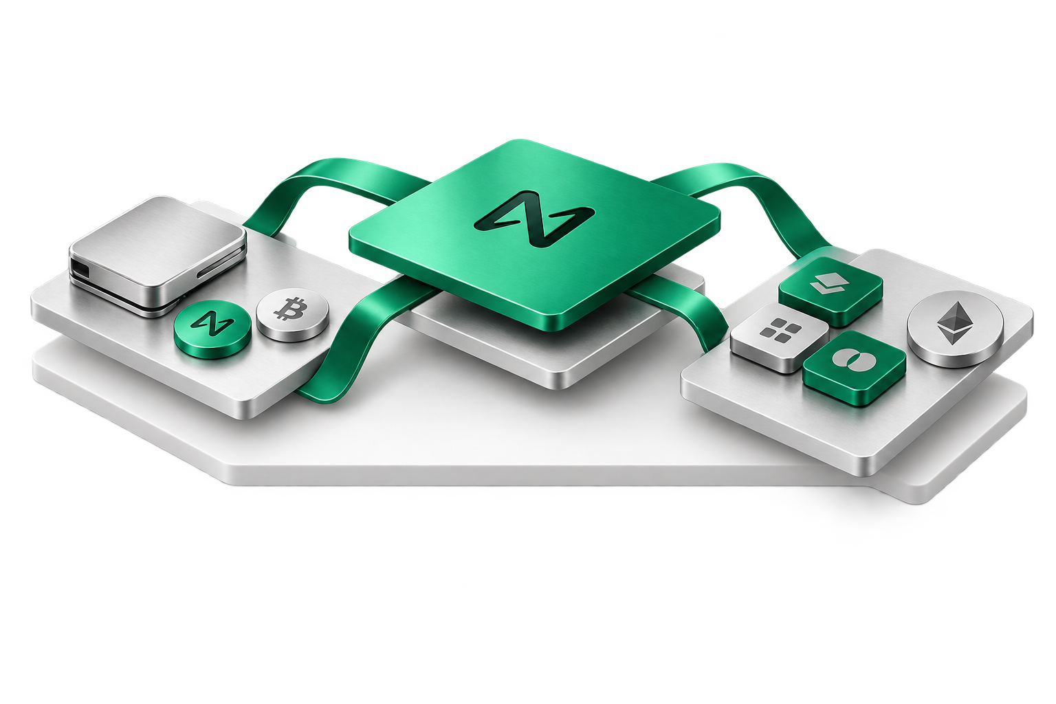 Layered aluminium platforms connect a wallet, crypto assets and applications through green metal bridges around NEAR