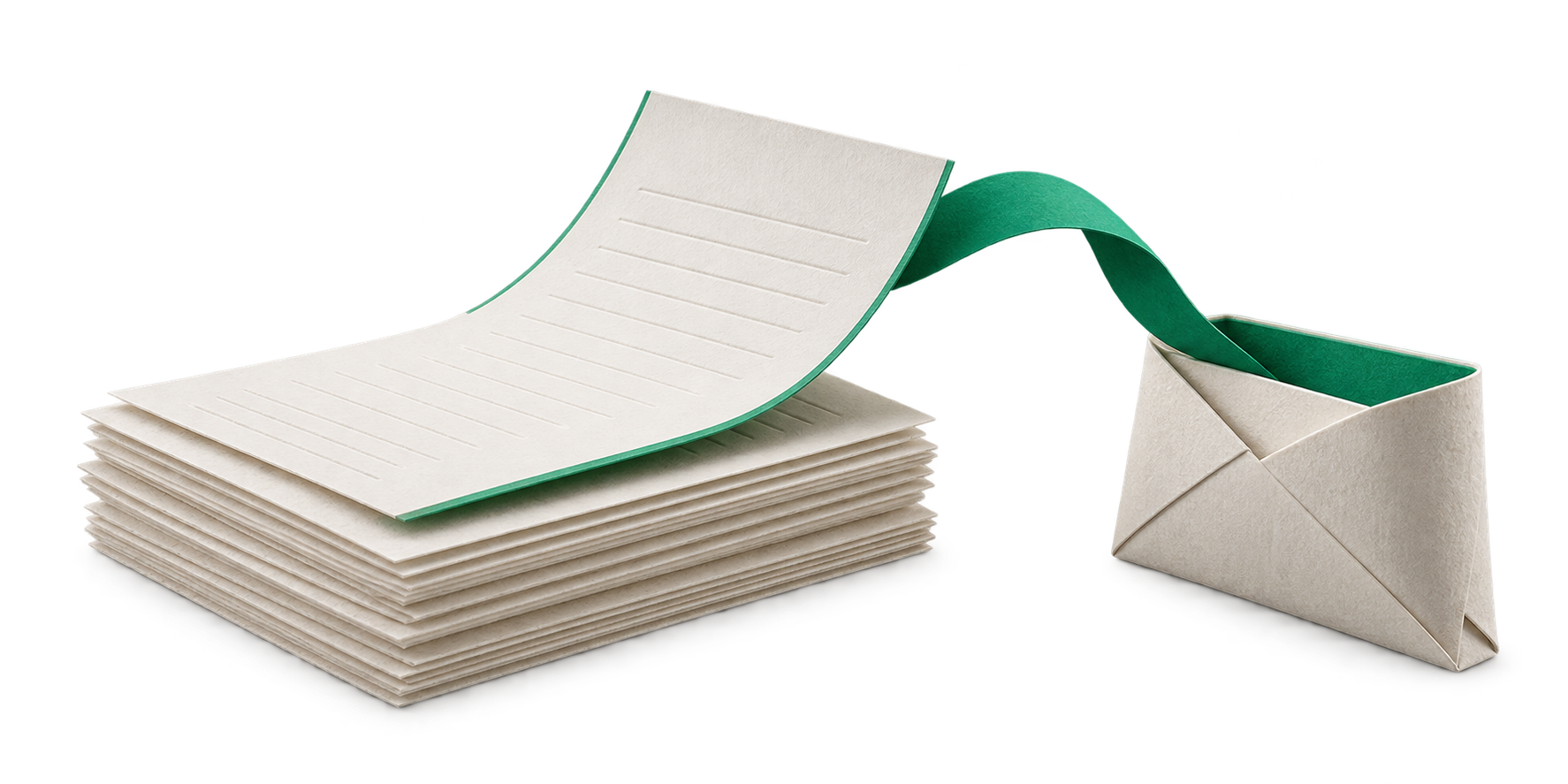 A selected paper record connected to a receiving envelope by a green ribbon