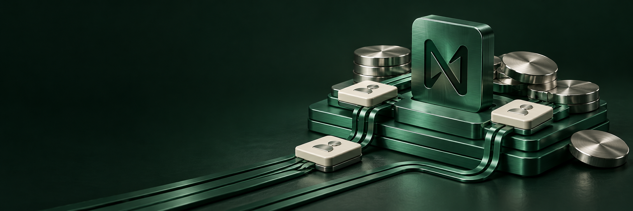 Sculptural NEAR tile in brushed emerald metal, connected to account tiles and asset discs